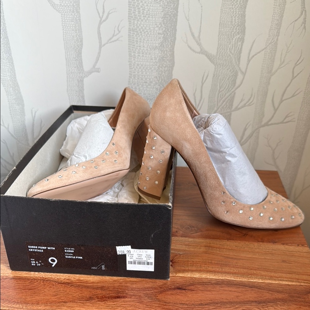 NWT J. Crew Tan Suede Pumps with Crystal Accents